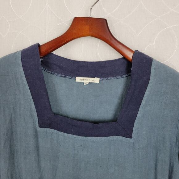 VTG Subtle Tones Linen Dress XS Blue Square Neck Side Ties Lagenlook Maxi - Picture 9 of 12